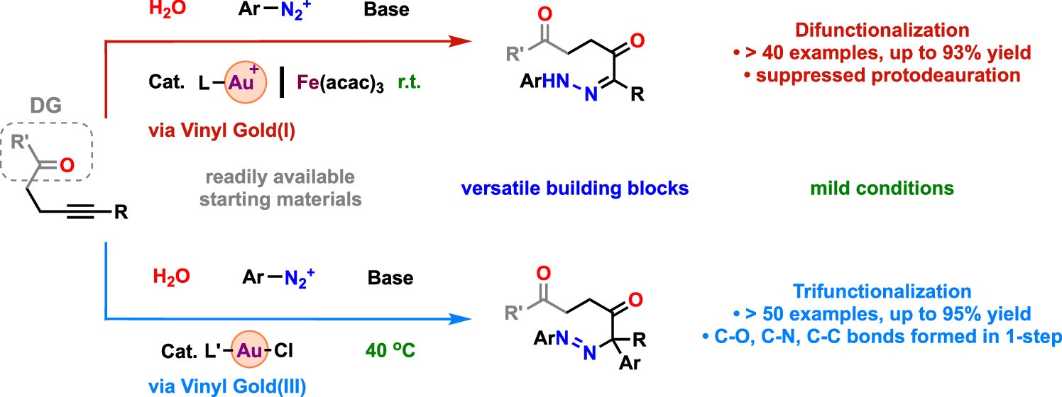 Alkyne trifunctionalization through simultaneous construction of C–C, C–O, and C–N bonds via gold catalysis.